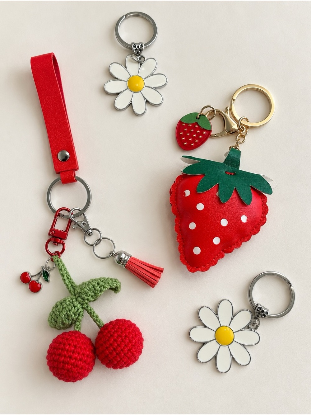 Set of 4 Kawaii Cherry Strawberry Daisy Keychain Bag Charms